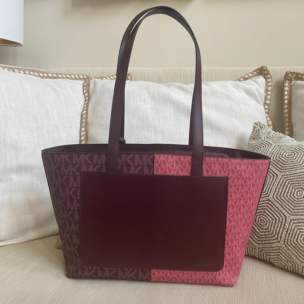 Michael Kors Jet Set Medium Tote | Colorblock MK Logo Pink Burgundy - Picture 4 of 14